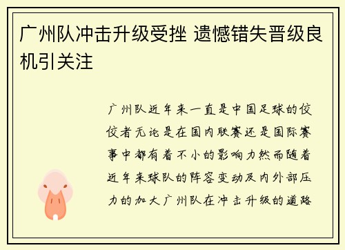广州队冲击升级受挫 遗憾错失晋级良机引关注