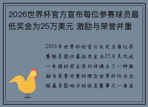 2026世界杯官方宣布每位参赛球员最低奖金为25万美元 激励与荣誉并重 2026世界杯官方宣布每位参赛球员最低奖金为25万美元 激励与荣誉并重